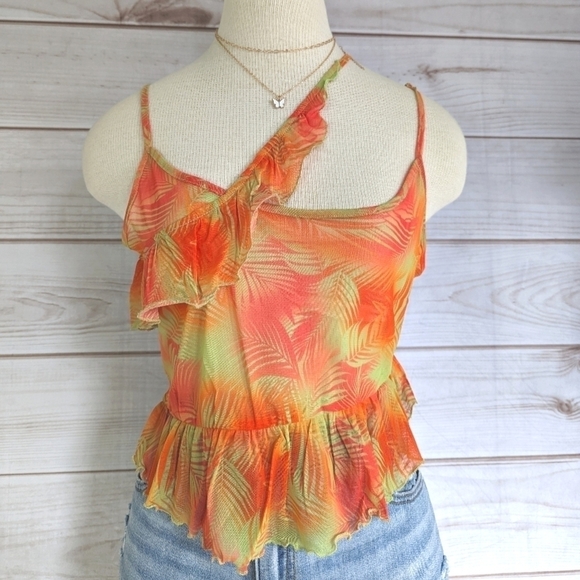 Urban Outfitters Asymmetrical Tropical Ruffle Cami in Orange and Green Sz Lg NWT - Picture 5 of 10